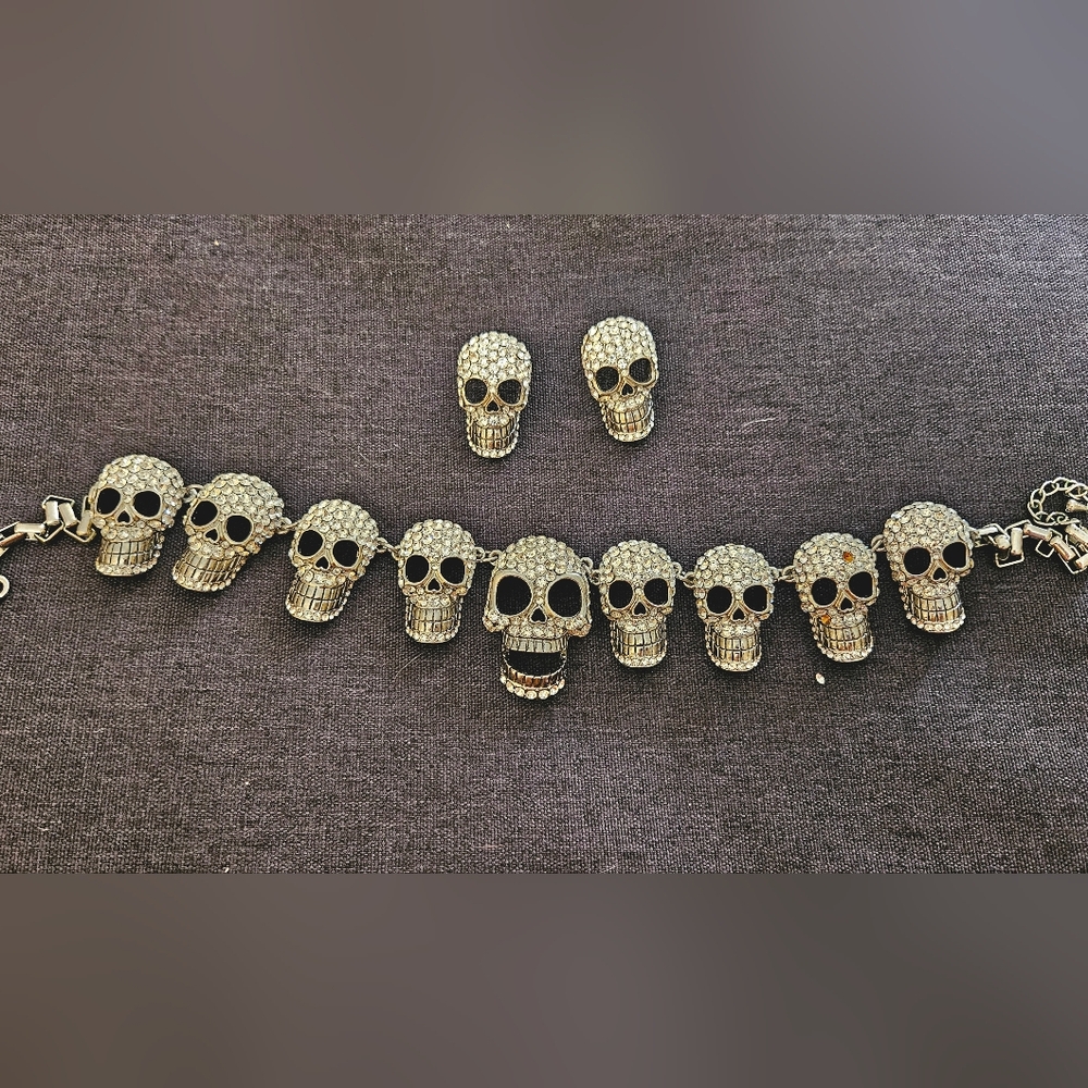 Silver Pavé Crystal Skull Necklace and Earrings Jewelry Set